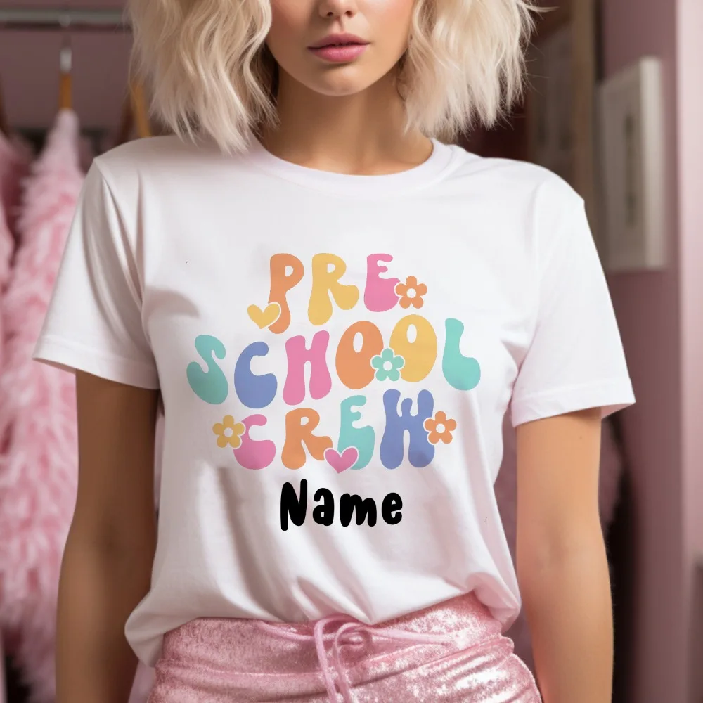 Pre School Crew Print Custom Name Teachers Tee Shirt Personalized Short Sleeve Shirts Pre K T-Shirt The Best Gifts  for Teacher