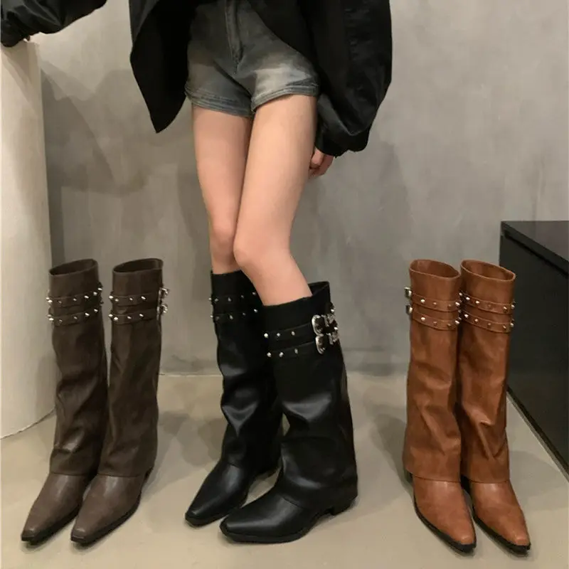 

Retro Western Cowboy High Tube Boots Women's Pointed Toe Knight Long Boots Fashionable Streetwear Autumn Winter Long Botas Shoes