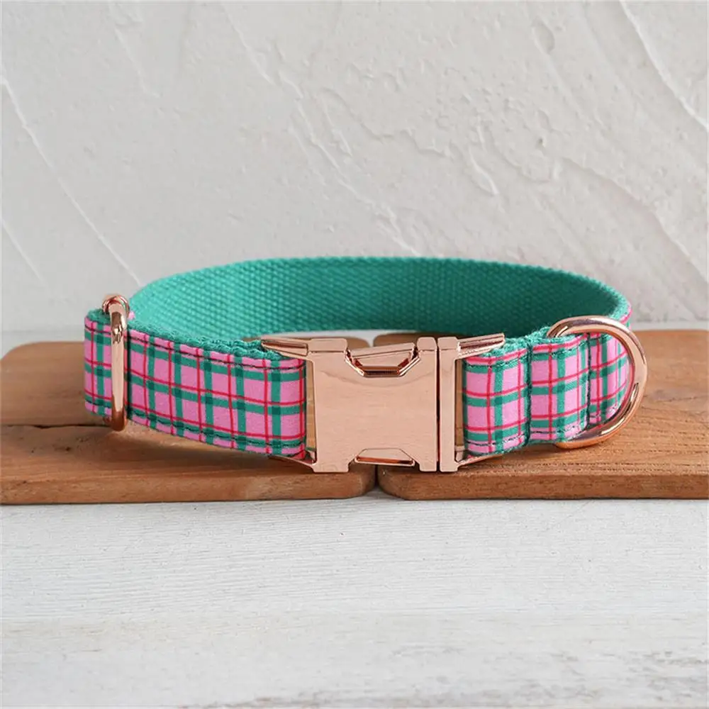 Personalized Dog Collar with Free Engraving, Matching Pet Leash,Customzied Contacts Metal Buckle, Pink Green Plaid Pet Collar