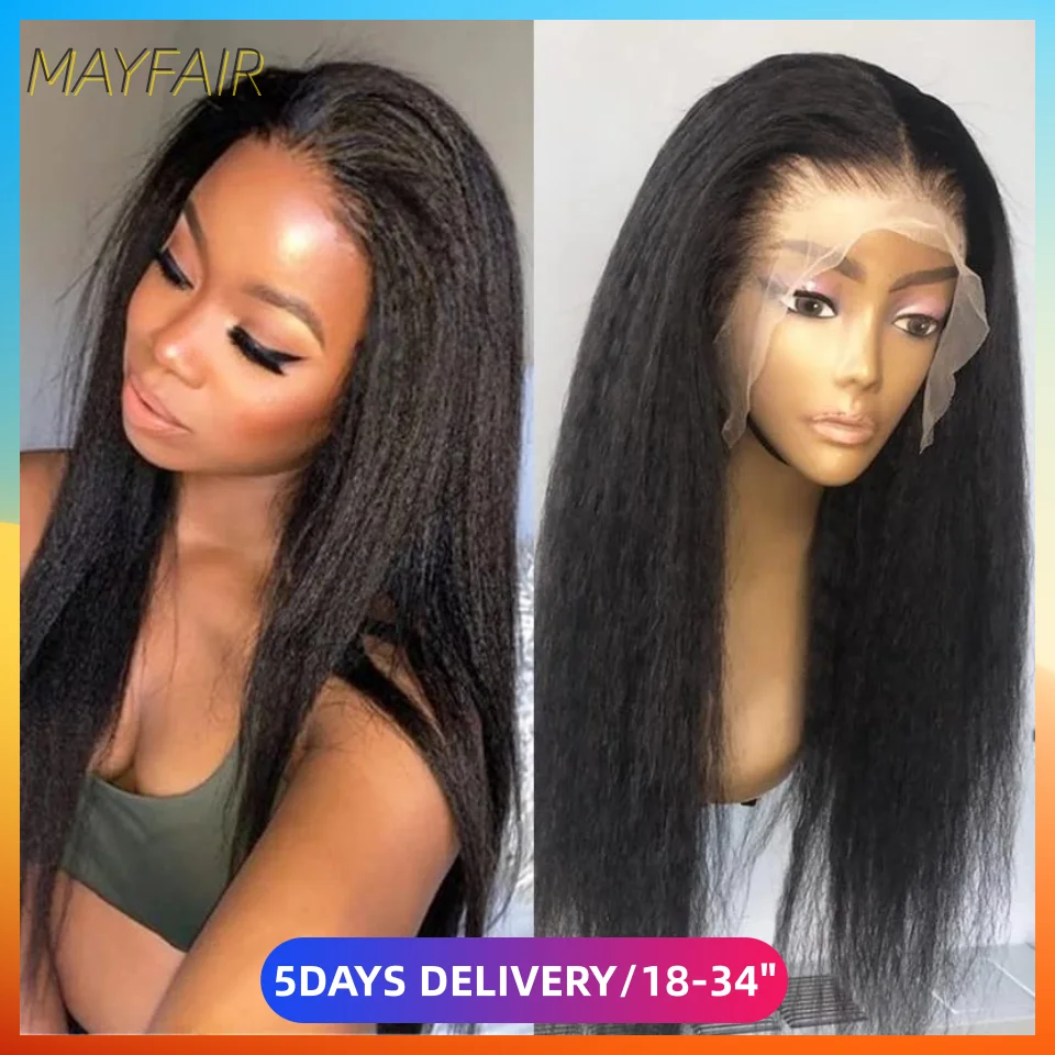 Kinky Straight 13x6 Lace Front Wig Peruvian Yaki Human Hair Natural Black Glueless 360 HD Frontal Wigs For Women 18 22 INCH Long