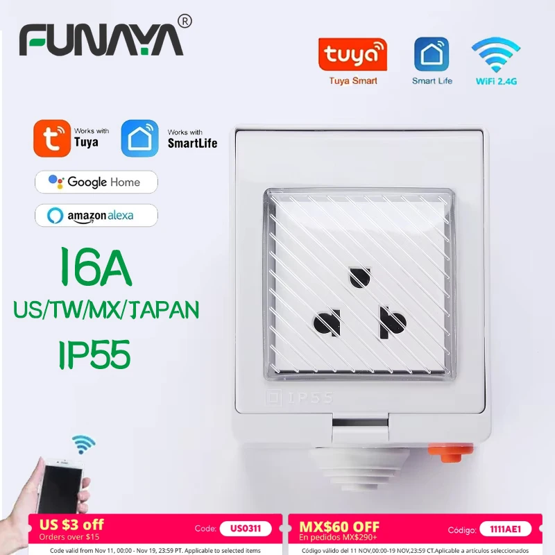 

US Tuya WIFI Outdoor Smart Socket Multi Plug 16A IP55 Remote Waterproof Electrical Power Wall Timer AC110 250 Sockets for Garden