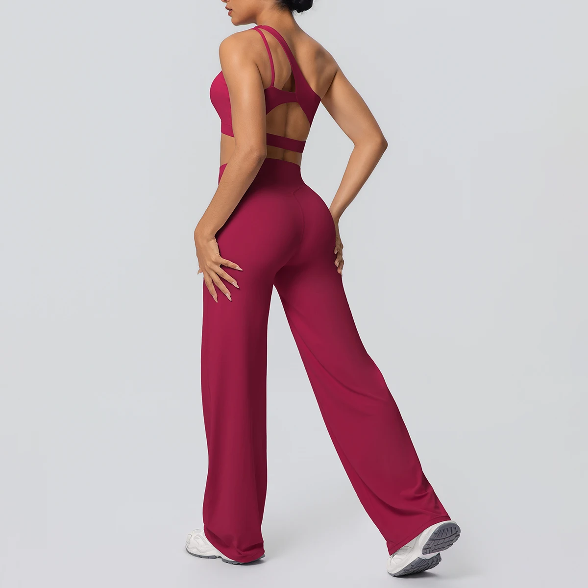 2PCS Women Lifting Buttocks Sports Yoga Set Quick Drying High Waisted Wide Leg Pants Sexy Backless Single Shoulder Bra Yoga Set