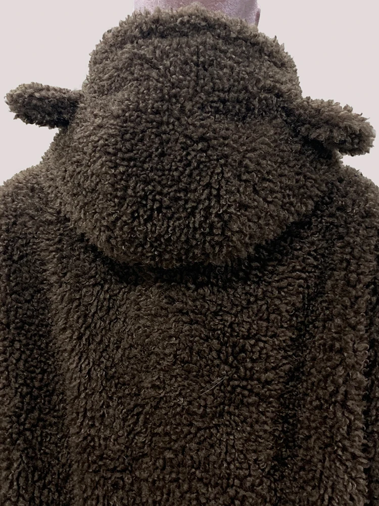 Mauroicardi Autumn Winter Brown Warm Soft Faux Fur Coat Hoodie with Bear Ears Sweet Cute Luxury Designer Clothes Fluffy Jacket