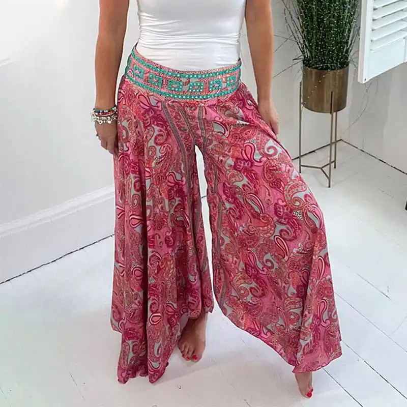 Women Half Skirt Ethnic Paisley Print Elastic Patchwork Waist Lightweight Pants Loose Hem Casual Vacation Skirt for Women