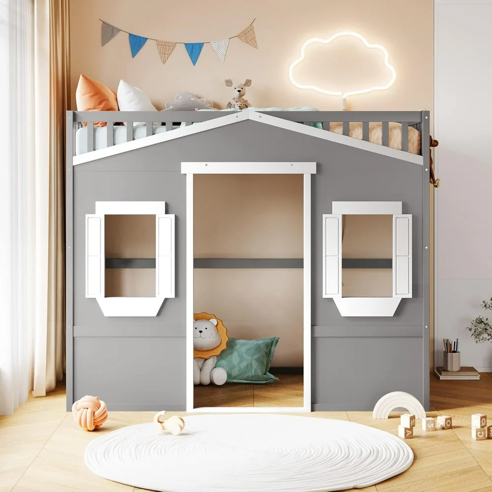 Casa loft cama gêmeo crianças playhouse cama, estrutura de cama loft de madeira maciça com janela e escada, para crianças adolescentes adultos