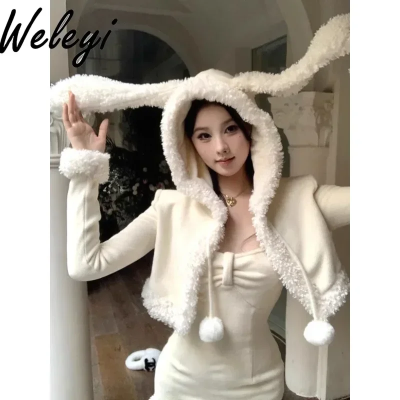 

Woman Outfits Cute Rabbit Ears Long Sleeve Plush Jacket Beige Autumn Sexy Slim Short Sling Suspender Hip Dress Two-piece Suit