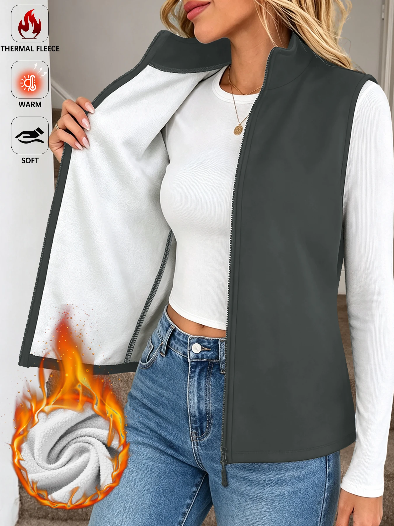 Fleece-Weste für Damen, dick, weich, mit Stehkragen, Reißverschluss, lässige Weste für den täglichen Gebrauch im Winter. – Detail 9