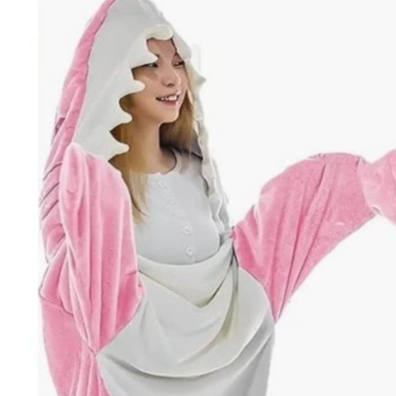 Large Size Thickened Warm Flannel Winter Pajamas Shark Sleeping Bag Animal Women Long Sleeve One-Piece Homewear Girl Loose Robe