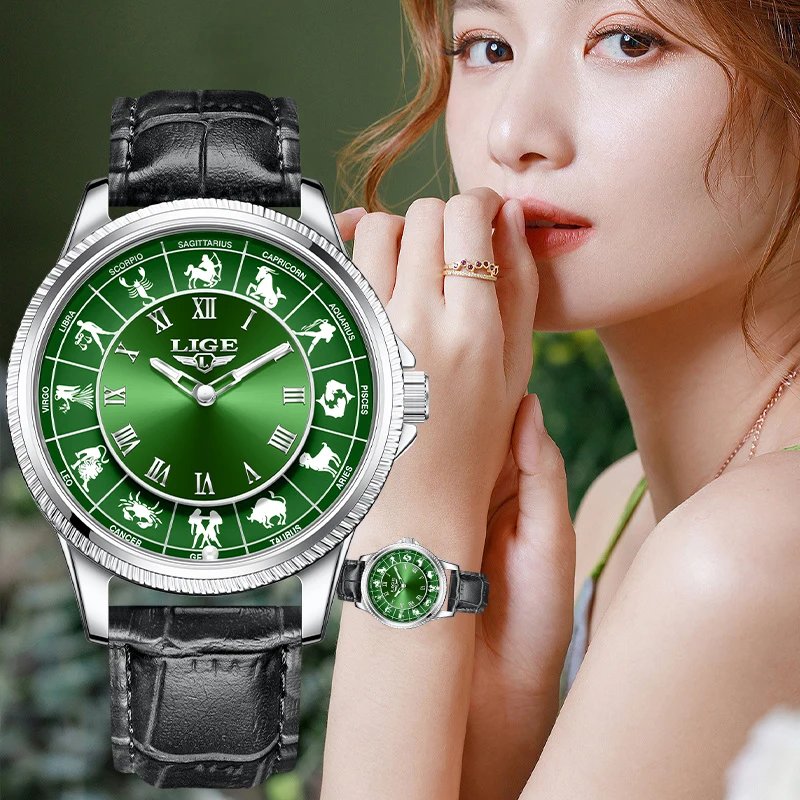 LIGE Elegant Quartz Woman Watch Fashion Retro Casual Leather Constellation Dial Waterproof Watches for Women Ladies Gift Box New