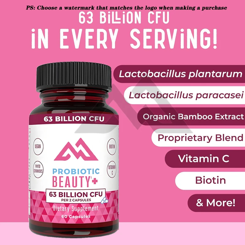 Cápsulas de belleza probiótica, mejora de colágeno para cabello, piel y uñas, biotina para adultos | No OGM Sin Gluten | 60 cápsulas