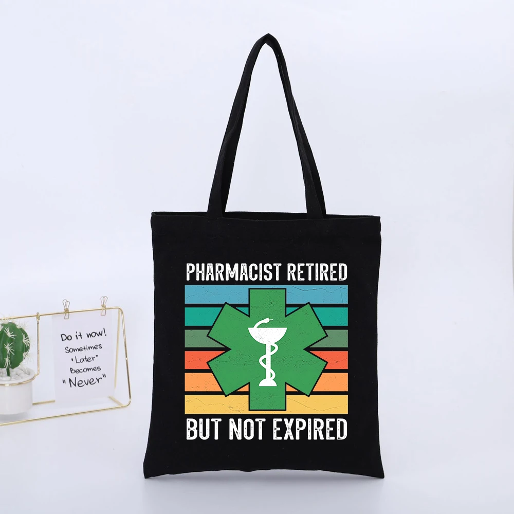 Retired Pharmacist Canvas Tote Bag with Medical Symbol and Typography Print, Vintage Style for Daily Use