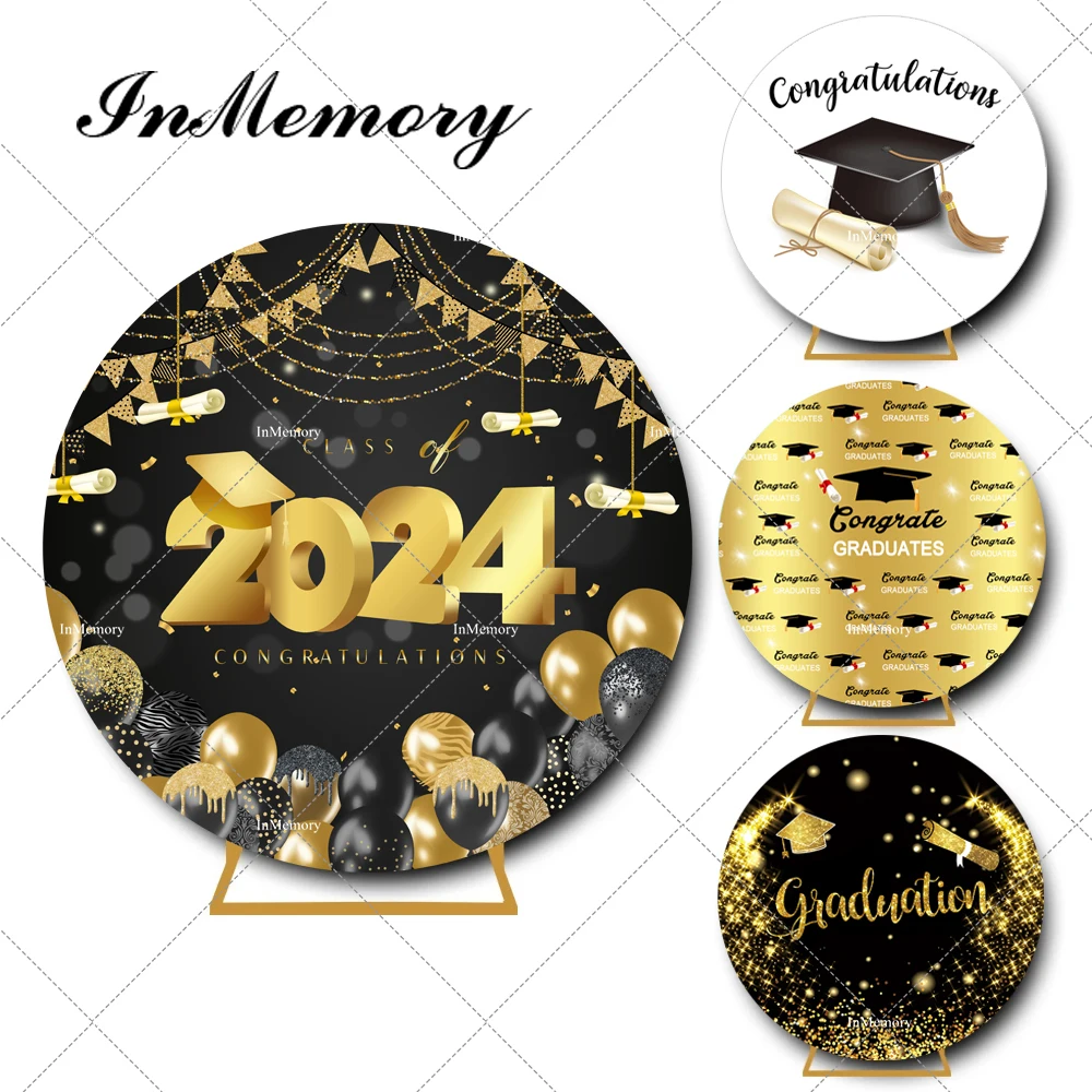 

Class of 2024 Graduation Party Photography Backdrop Cover Bachelor Cap Balloons Round Background Graduates Portrait Photo Props