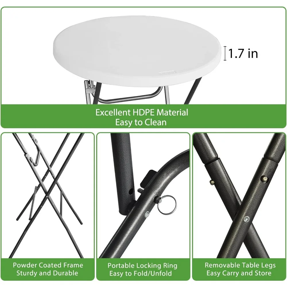 32in Cocktail Table 2PCS, Portable High Top Table Granite White, Round Bar Height Folding Table with Removable Legs, In
