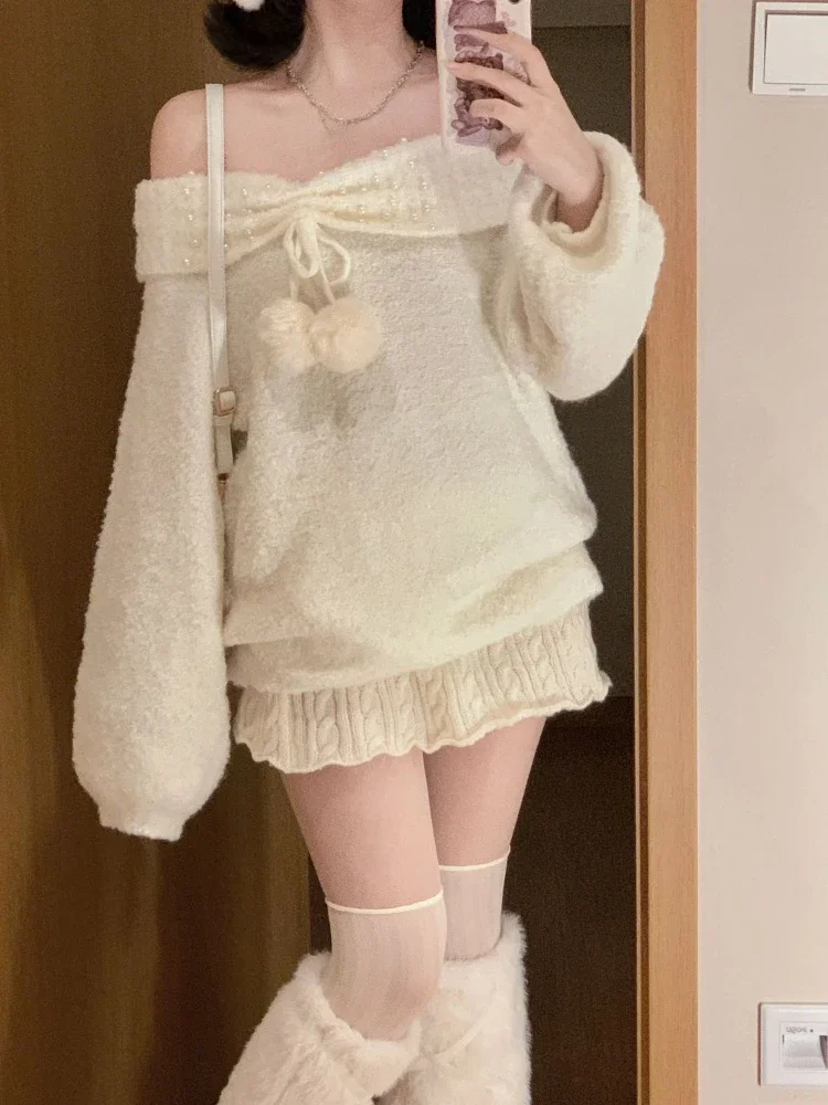 Ensemble deux pièces pull et short élastiques pour femme, pull en laine japonais Kawaii, jupe douce coréenne chaude, ensembles lancés, hiver 2024