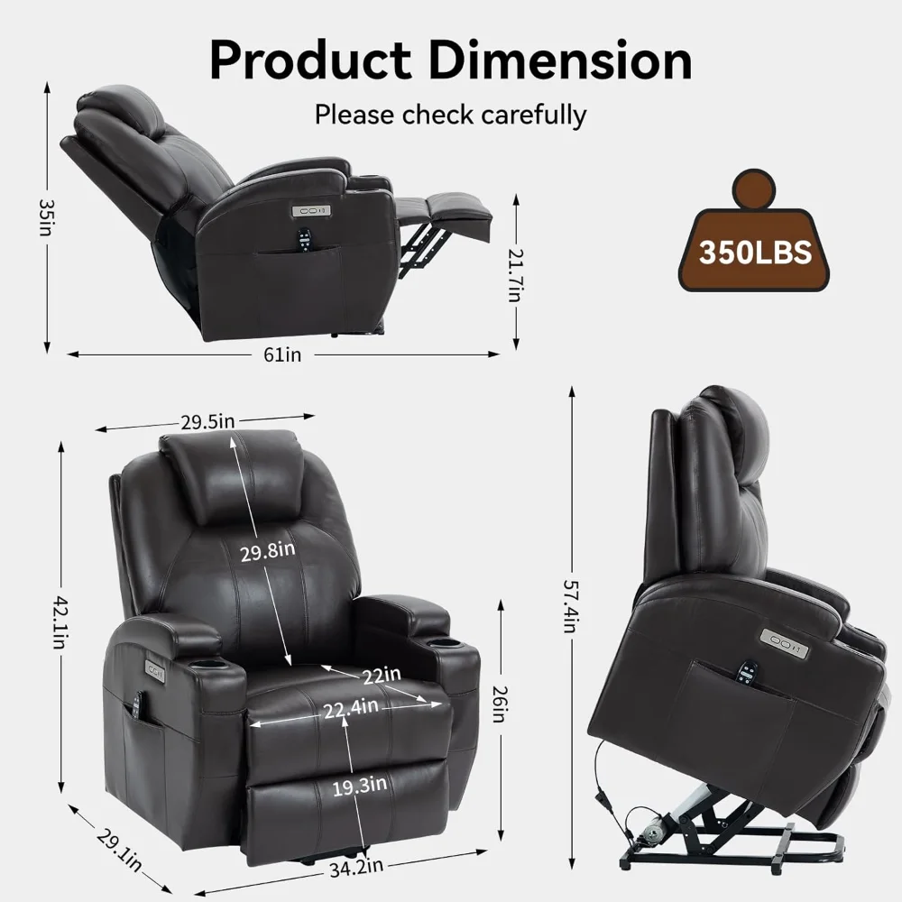 Recliner Lift Chair with Massage and Heating Function,Power Lift Recliner Chair with USB and Type-C Ports PU Leather Brown