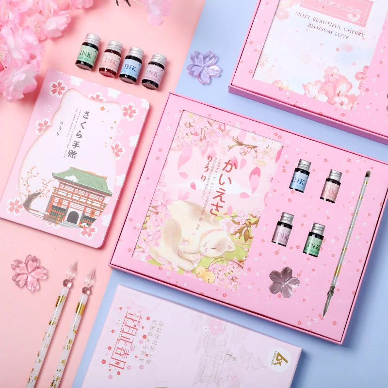 Sakura Series Crystal Gradient Glass Pen Set Hand Account Signature Dipping Pen for Students - Elegant Office School Supplies