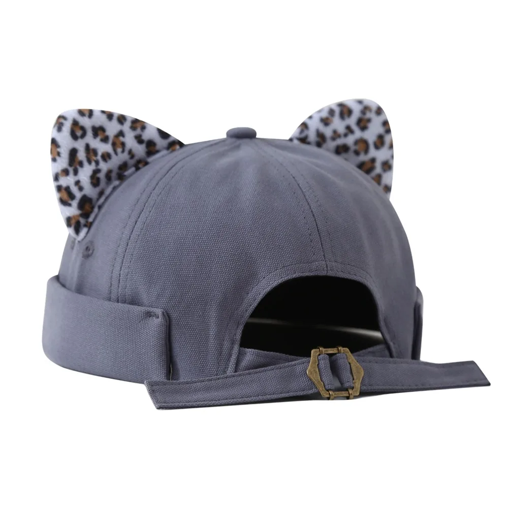 Sweet Leopard Print Cat Ears Brimless Hat Adjustable Solid Color Melon Docker Cap Rolled Cuff Retro Skullcap Outdoor