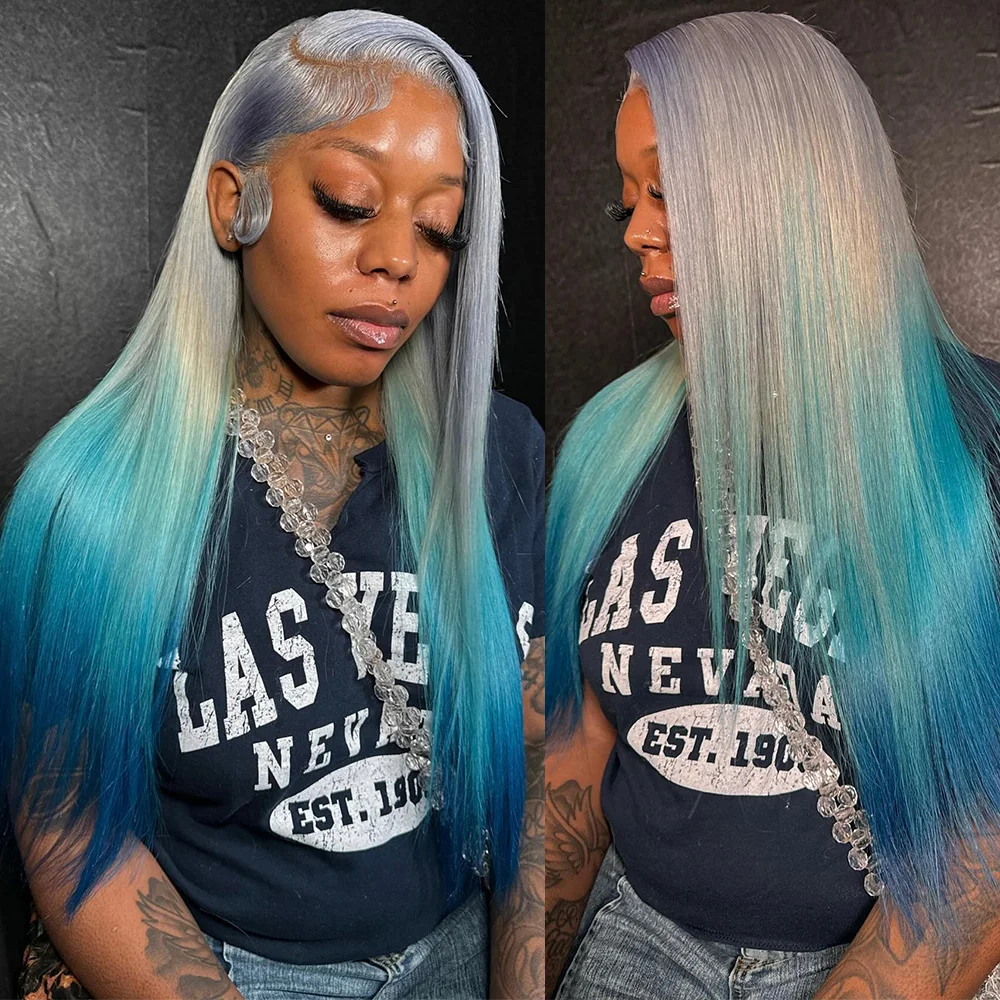 Silver Gray Roots WIth Blue Omber Bone Straight 13x4/13x6 Transparent Lace Frontal Human Hair Wig 180% Remy Preplucked Lace Wigs