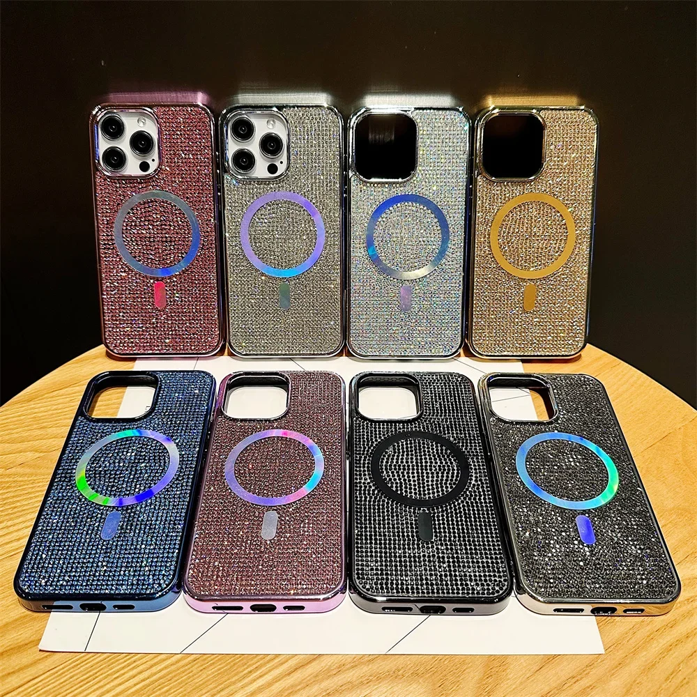 Luxury Diamond Magsafe Case for iPhone 15 16 Pro Max Plus Bling Shinny Electroplate Magnetic Cover for iPone 11 12 13 14 Pro Max