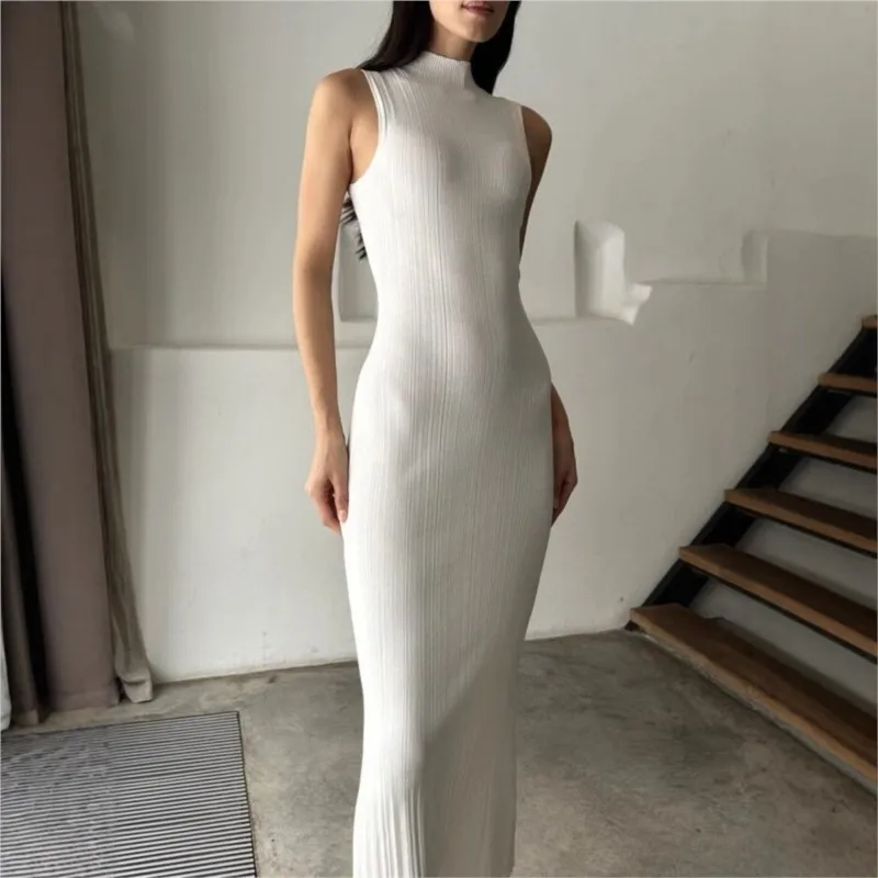 فستان محبوك برقبة عالية بدون أكمام ضيق لفصل الربيع والصيف فساتين فرنسية أنيقة للنساء #3