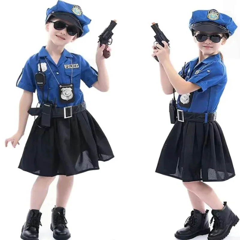 Costume Cosplay de policier pour enfants, uniforme de police pour garçons et filles, vêtements de policier de l'armée, robe de paupières pour la fête d'Halloween