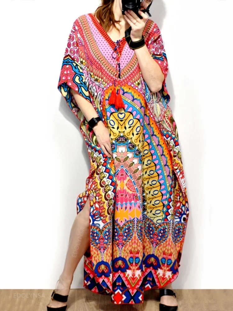 Vestido kaftan marroquino feminino, vestido boêmio estampado de verão, túnica longa, plus size, roupa de praia, roupa de banho, túnica de cobertura,