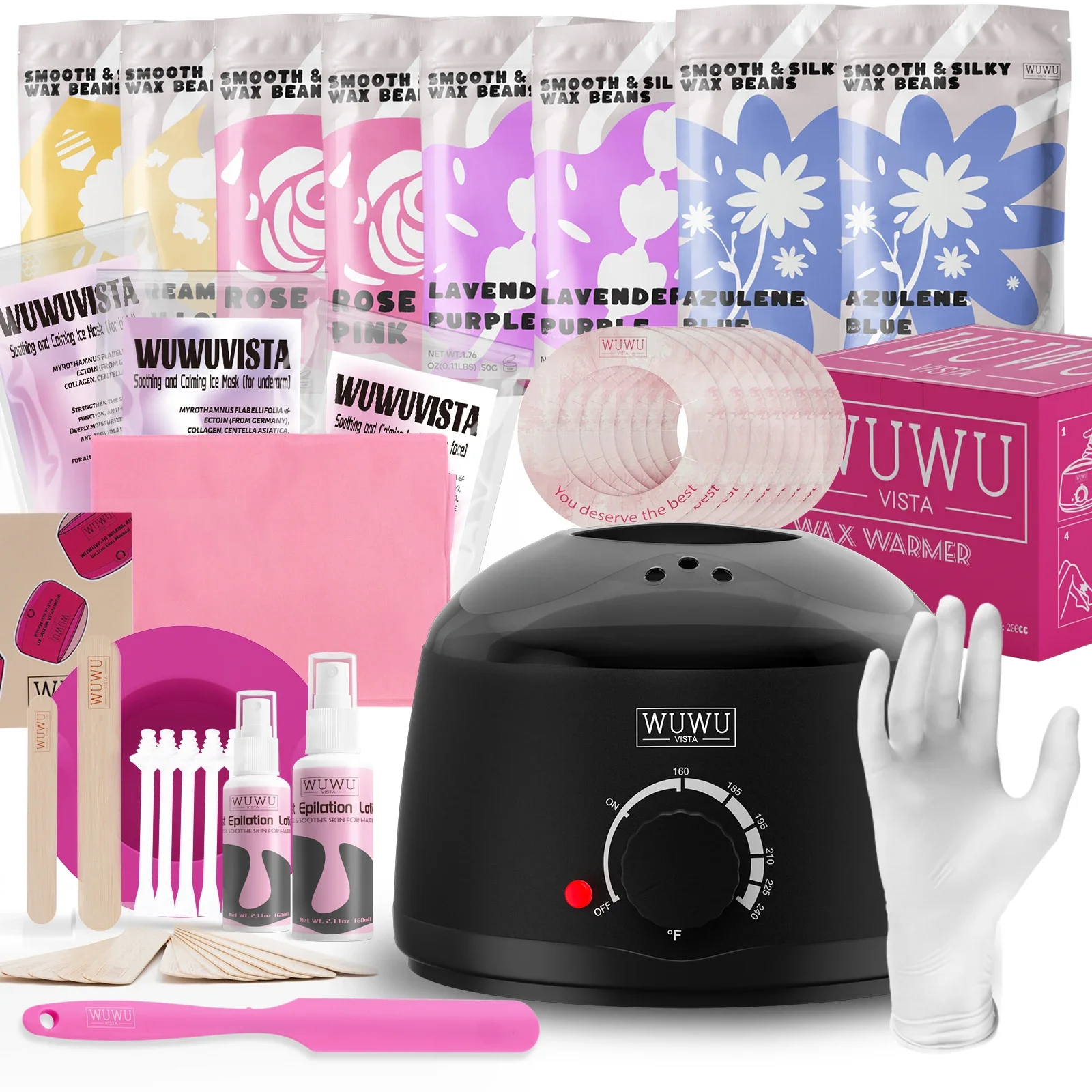 Waxing Kit WUWUVISTA Hair Removal Hard Wax Kit Wax Melt Warmer Waxing Beads Face/Brazilian/Full Body/Bikini/Sensitiive skin