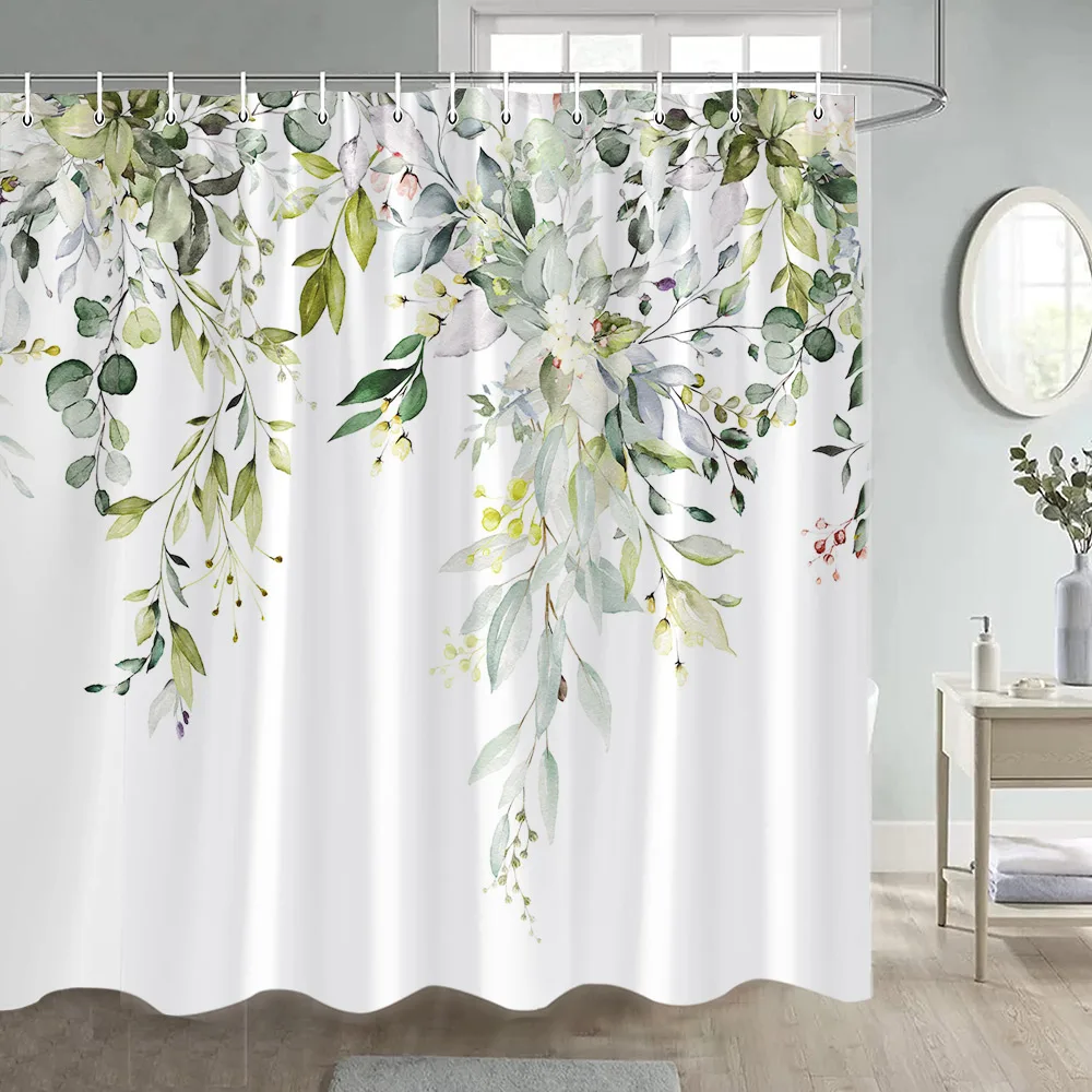 

Green Leaves Shower Curtain Watercolour Plants Eucalyptus Leaf Modern Simple Polyester Fabric Bathroom Curtains Decor With Hooks