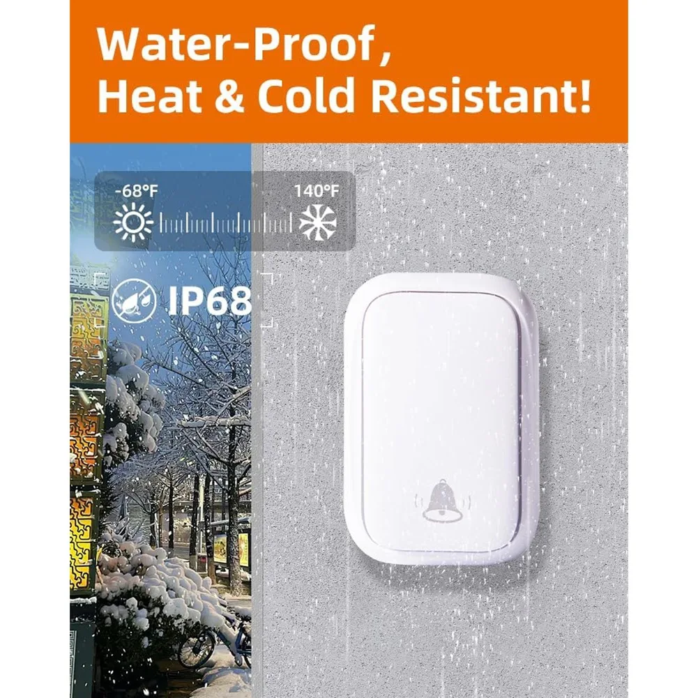 

Беспроводной дверной звонок A26F без батарей, не требует батарей, радиус действия 600 футов, регулируемая громкость, водонепроницаемый, для класса, дома, вилка стандарта США