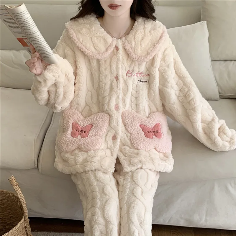 

Pajama Sets For Summer Women Flannel Oversized Home Cozy Female Thermal Warm Collared Long Sleeve Pants Winter Red Holiday Theme