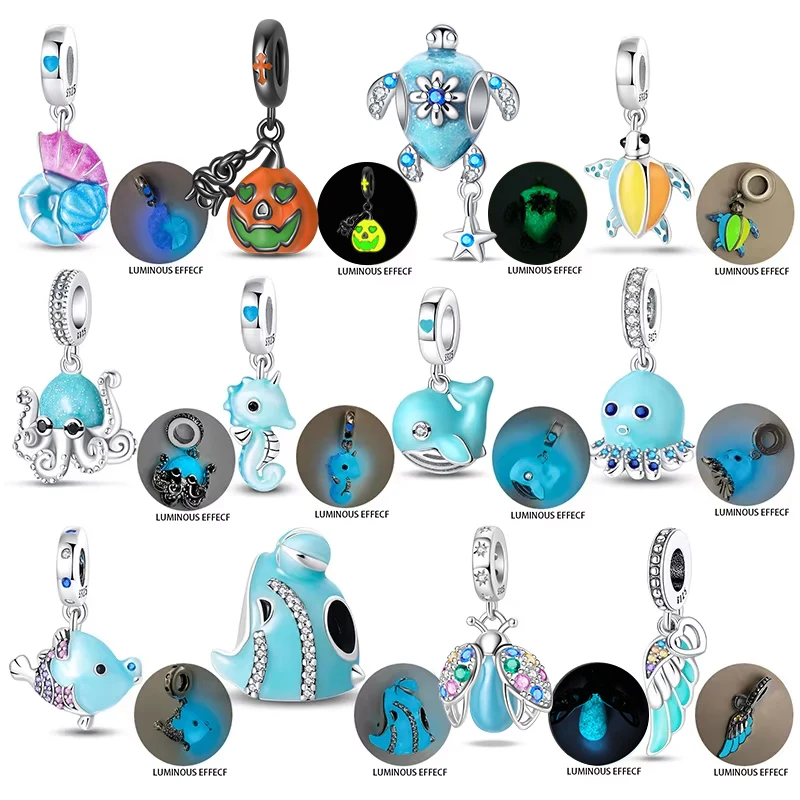 

New Ocean Nautilus Seahorse Whale Glow Charm Beads For Original Brand 3mm Bracelet 925 Sterling Silver DIY Ladies Luxury Jewelry