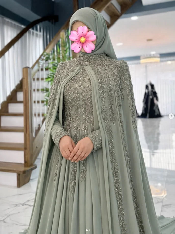 Salbeigrüner muslimischer Kaftan, formelle Abendkleider mit langen Ärmeln, glitzerndes Abendkleid für besondere Anlässe, pelerinigelinlik, maßgeschneidert