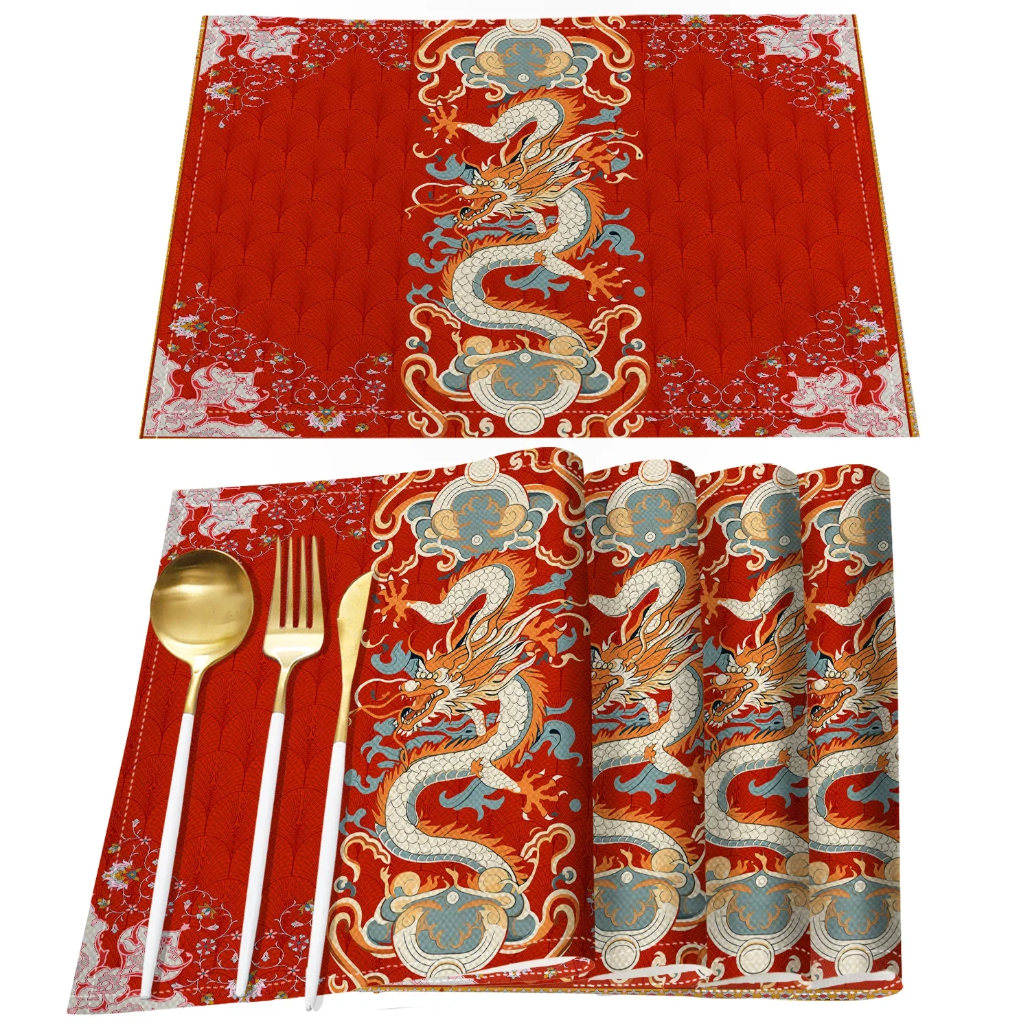 1pcs Chinese Dragon Pattern Linen Placemats For New Year Party Table Mats for Dining Table Kitchen Accessories Home Decor