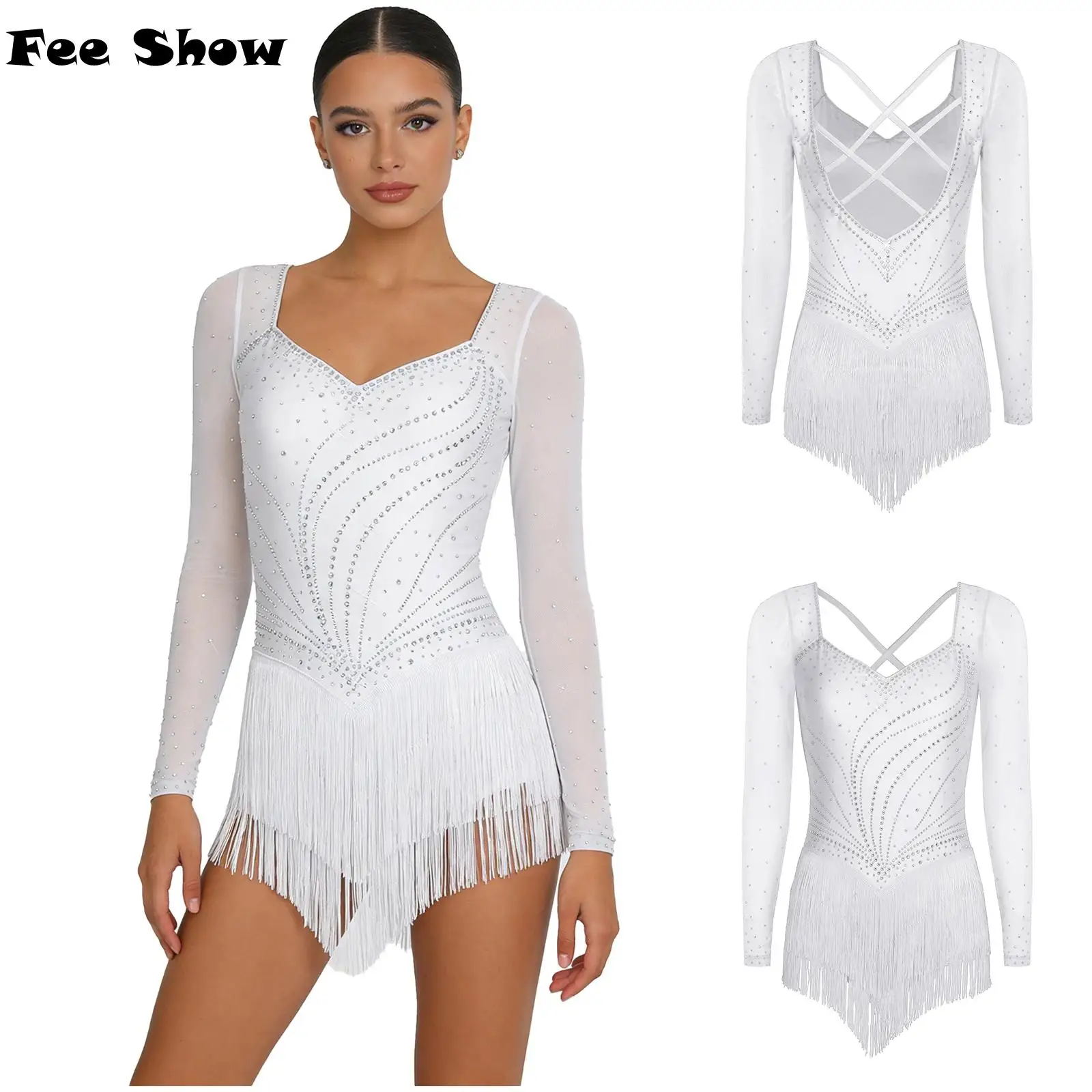 

Женский комбинезон для латиноамериканских танцев с длинными рукавами, сетчатой вставкой, стразами и многоярусным подолом с бахромой для фигурного катания, танго, румбы