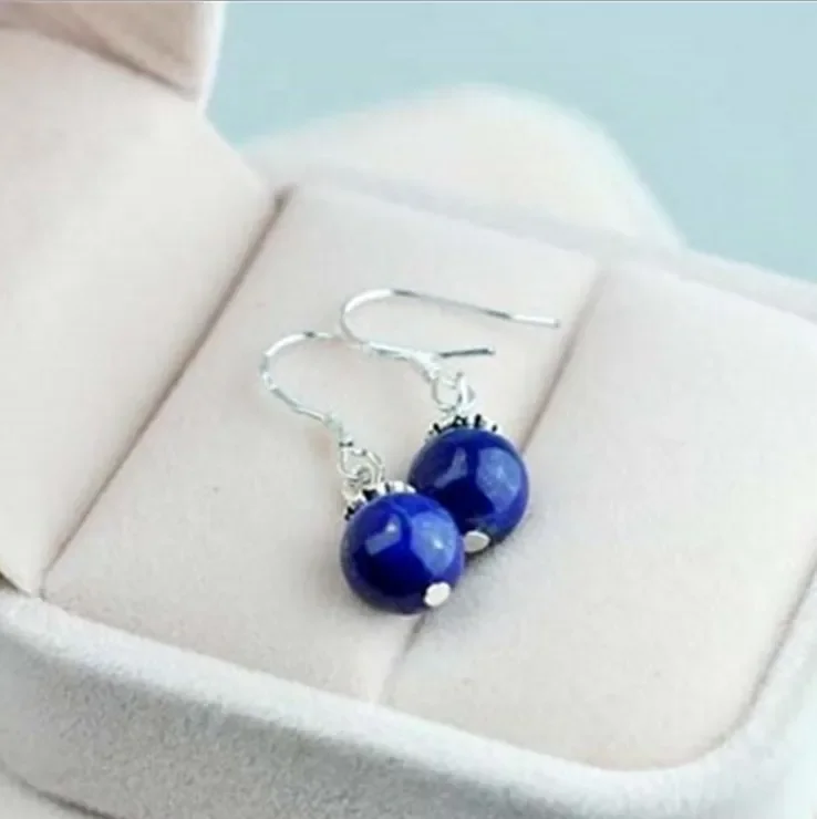 925 Silver Natural Lapis Lazuli 8mm Beads Earrings Original Simple Jade Pulp Bead Handmade Gift Women Fine  Stone Jewelry