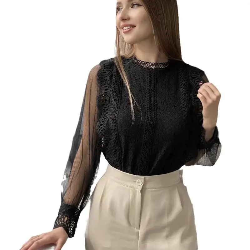 قميص نسائي بأكمام طويلة من الدانتيل الشبكي، بلوزة يانغلين بأسلوب عملي، أكمام منتفخة، مصنوع من ألياف البوليستر بلون واحد، ربيع...
