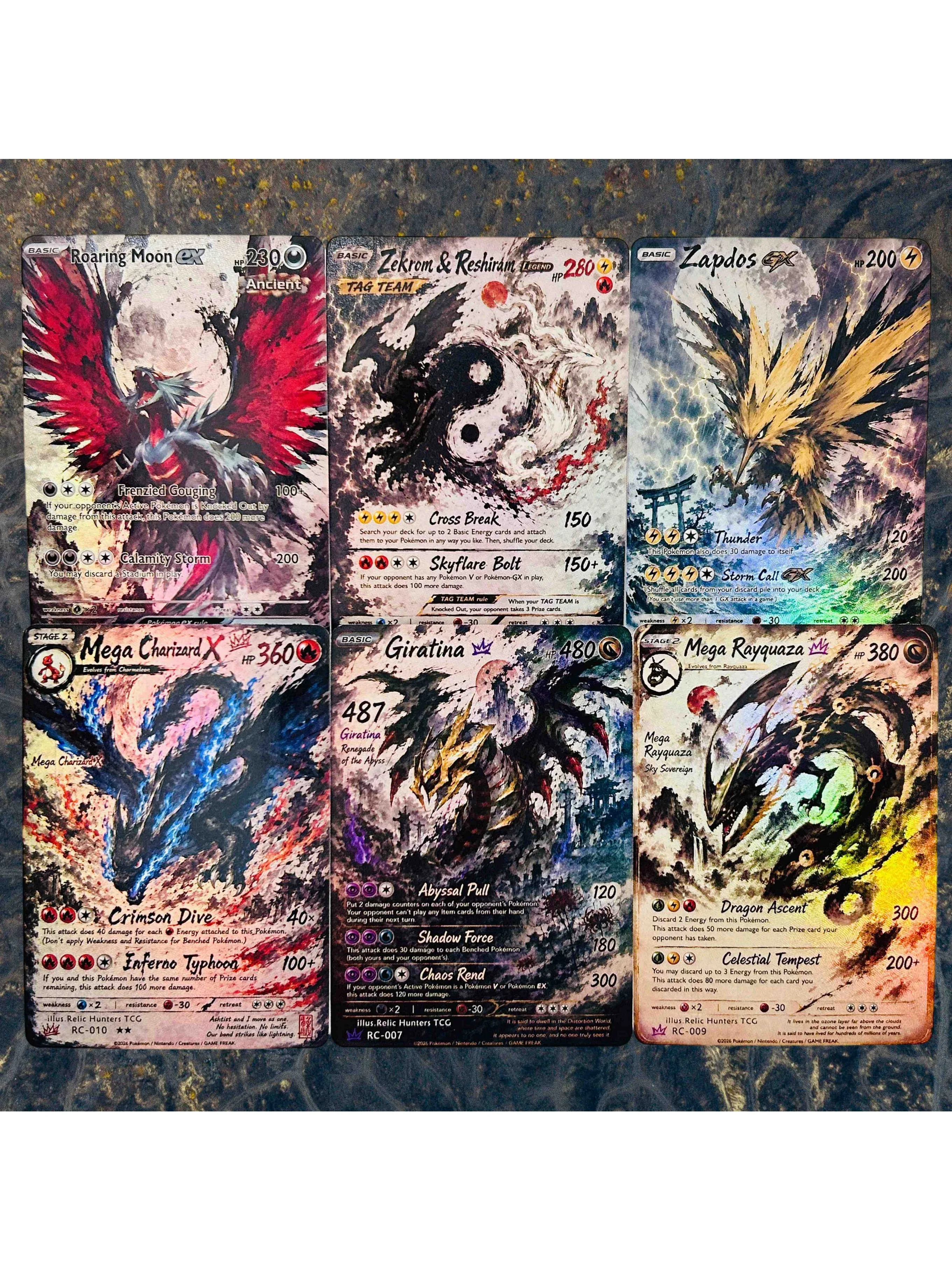 Roaring Moon Zekrom Reshiram Zapdos Mega Charizard X Giratina Mega Rayquaza 6 Stück DIY Folien-Textur Premium Anime Sammelkarten