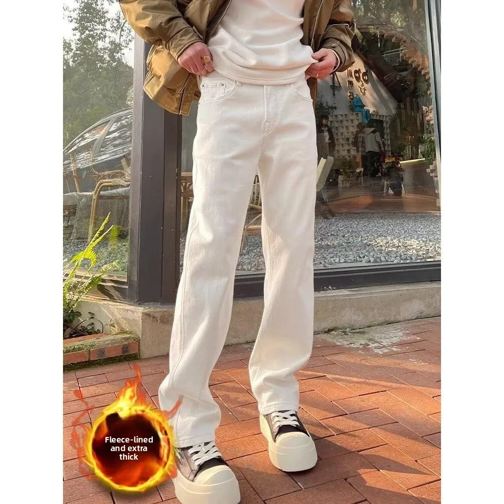 

Cleanfit белые джинсы с подкладкой Fce, мужские джинсы длиной до удлиненной длины, прямые расклешенные брюки, молодежные модные джинсовые брюки