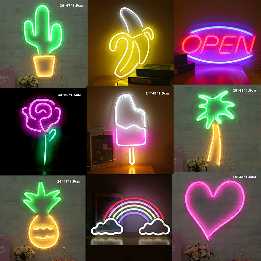 Neon Light Cactus Pineapple Coconut Tree Popsicle Christmas Tree Rose Led Neon Sign Usb Powered Light Wall Neon Sign Decor