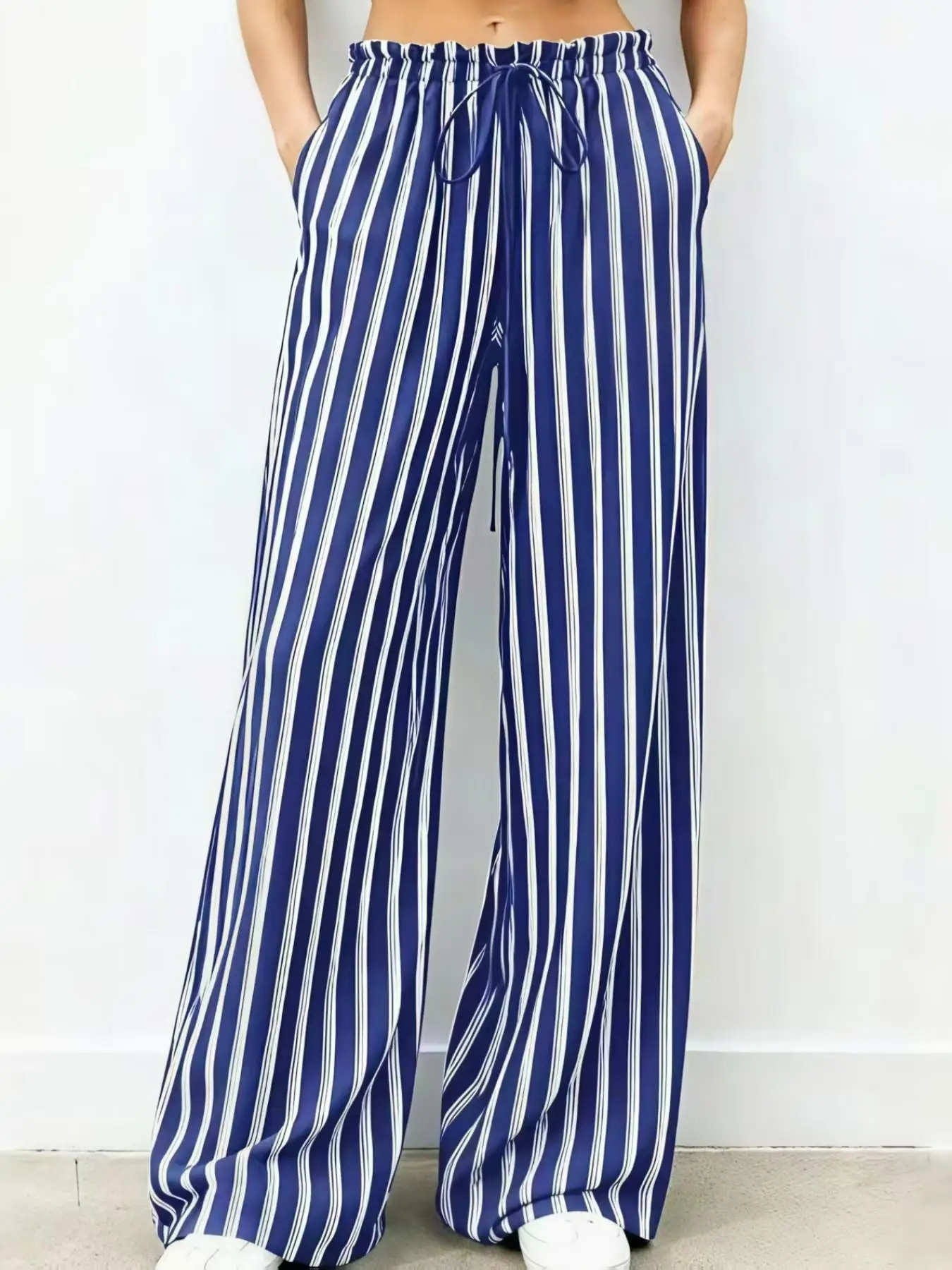 Autumn New Striped Loose  Wide Leg Pants Ruffle Drawstring High Waist Loose Trousers Side Pocket Casual Holiday Beach Long Pants