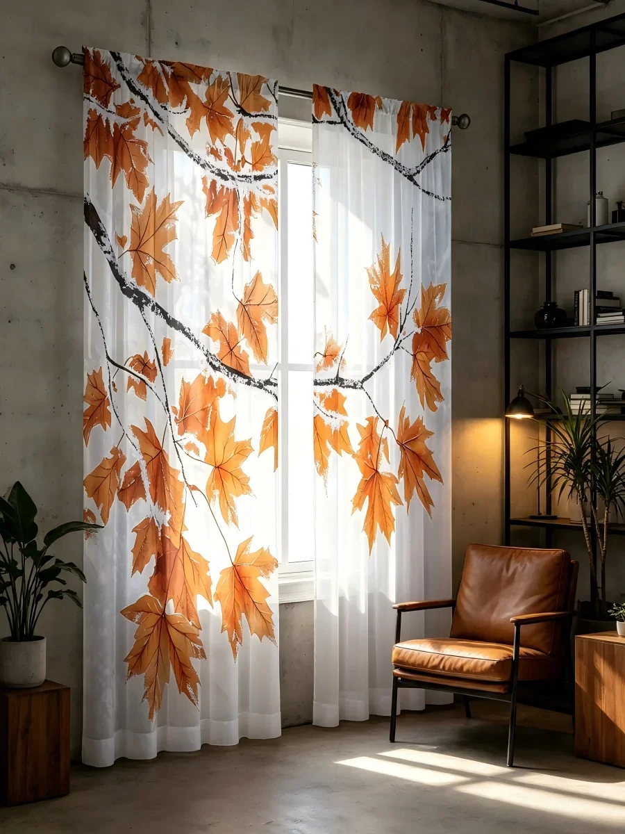 2PCS Digital Print Sheer Curtain, Snow Covered Maple, Winter Autumn Seasonal - Voile Drapes for Bedroom Living Room Decor