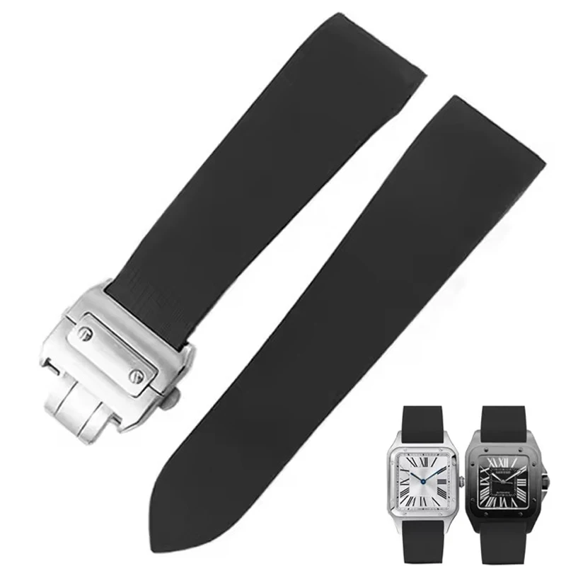 

Черный резиновый водонепроницаемый ремешок для часов подходит для Cartier Santos 100 W2020007, силиконовый ремешок, 25 мм, серебряная складная пряжка, черный браслет