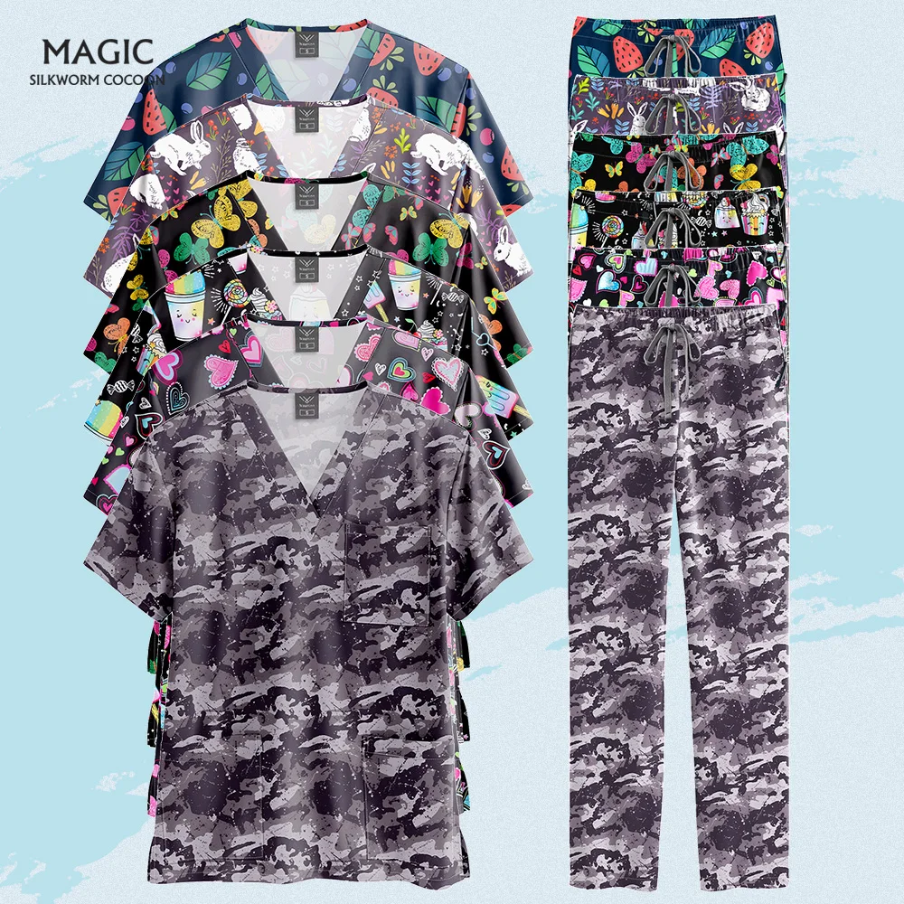 Fashion Printed Nursing Suit Stretch Medical Scrubs Uniform Suits Comfortable Hospital Nurse Uniforms Unisex Pharmacy Clinic Set