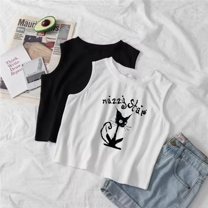 Kitten Print Casual Sleeveless Cropped TankTop Summer Women Slim Corset Girl Aesthetic Kitten Crop Tops Y2k Punk Gothic Camisole