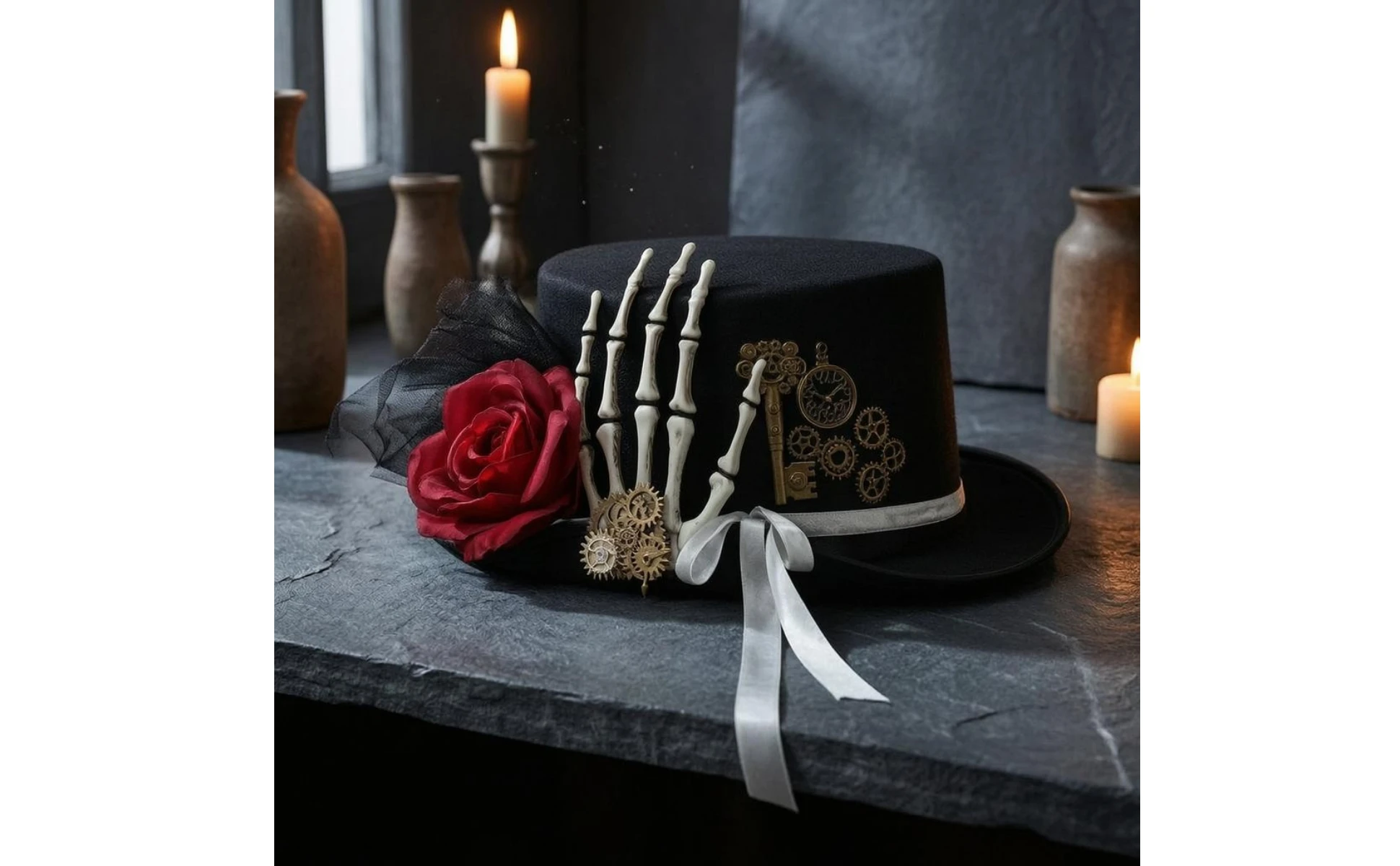 Gothic Steampunk Hat Gear Accents Gothic Top Hat Headwear Tulle Trim Gothic Steampunk Hat Gear Accents Gothic Top Hat Headwear Tulle Trim