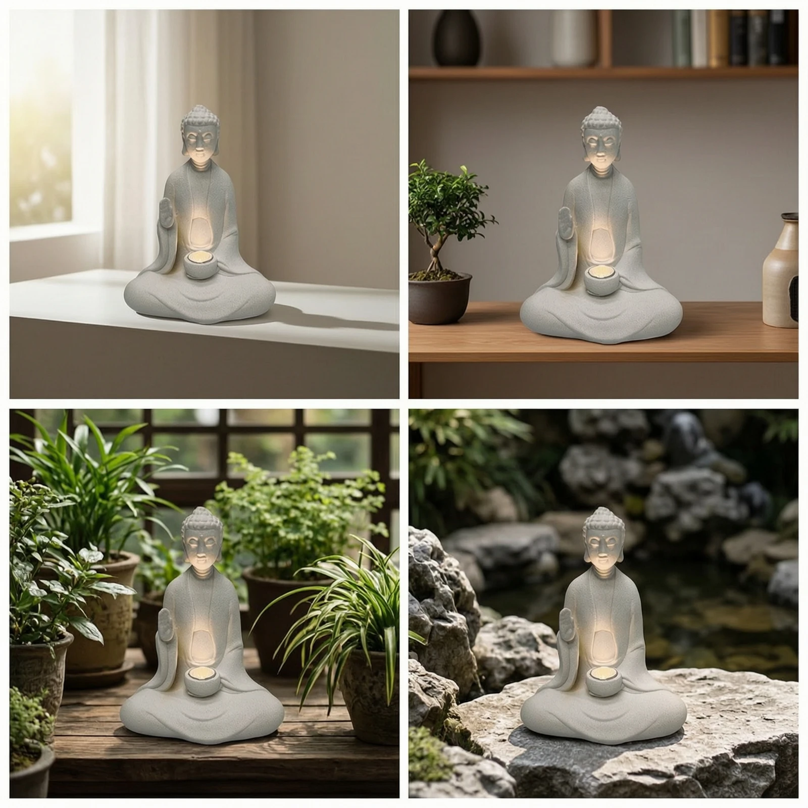 Zen Statue with LED Minimalist Buddha Decor Figurine Buddha Statue Warm Light Meditating Figurine Stone-Like for Gardeners