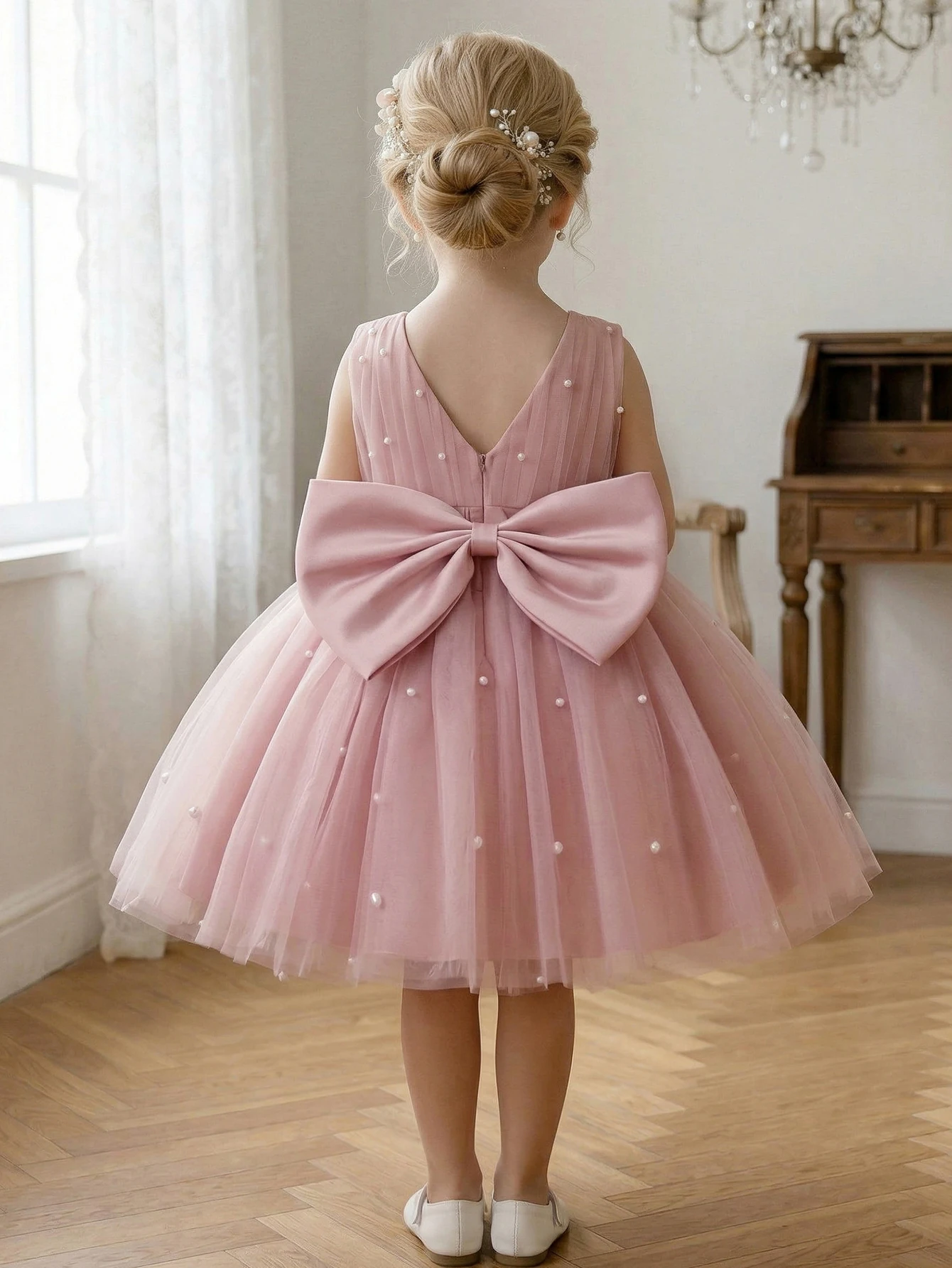 Young Girl Pink Pearl Bowknot Decorated Net Party Dress,Birthday Party,Princess Dress,Banquet,Stage Performance,Daily Wear view 3