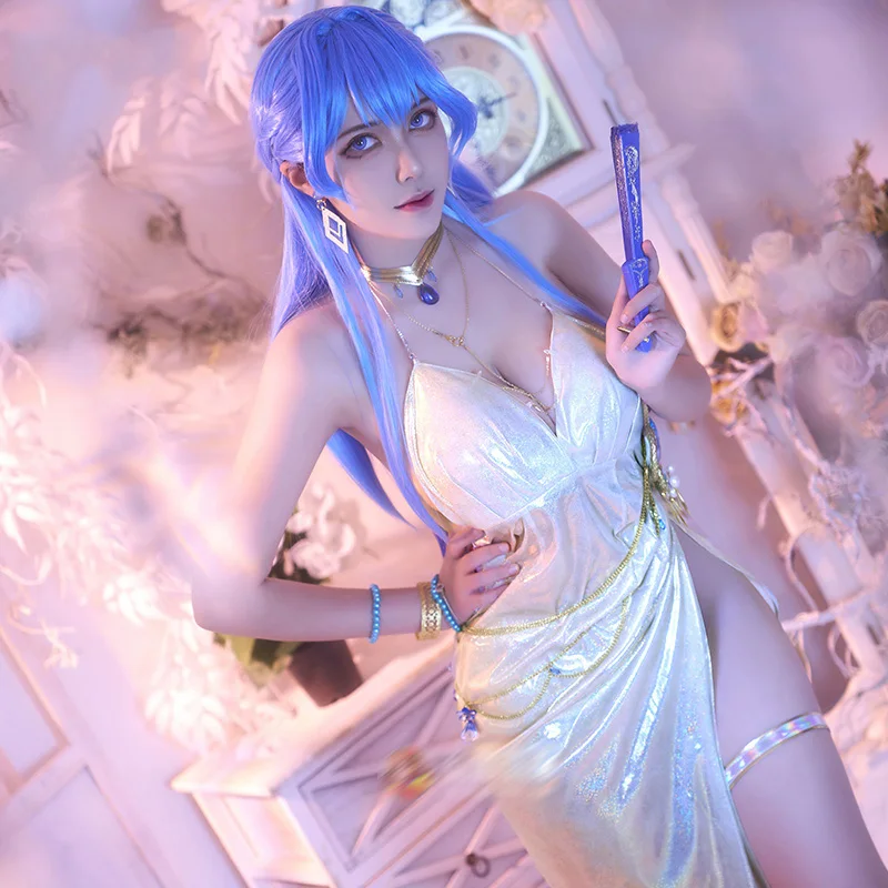 

Game NIKKE Goddess of Victory cos Helen Cosplay Pearlized Sexy High Split Halter Dress Female New party Costume B