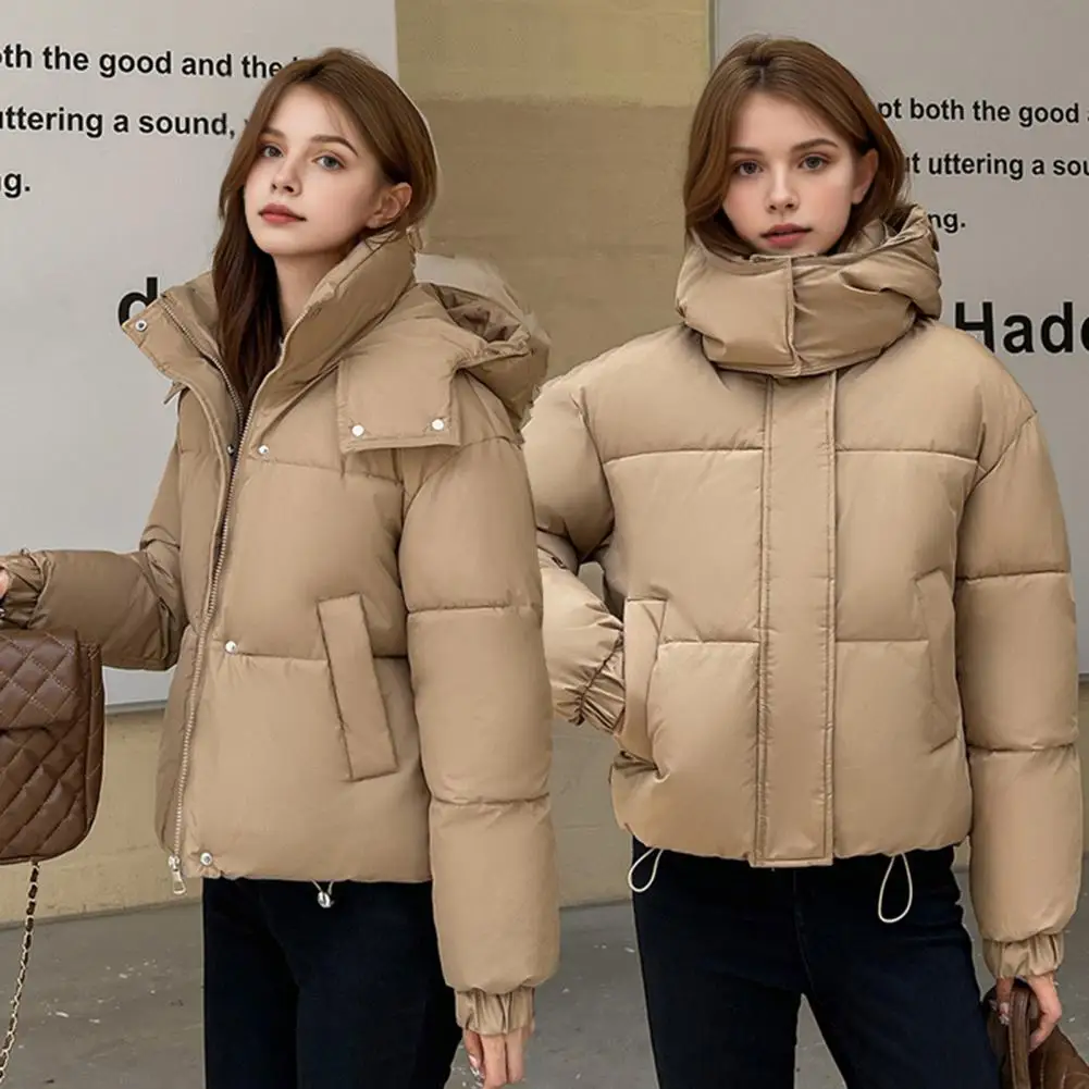 Winter Women Cotton Jacket Stand Collar with Hood Neck Protection Short Type Pockets Zipper Closure Padded Coat Solid Color Wind