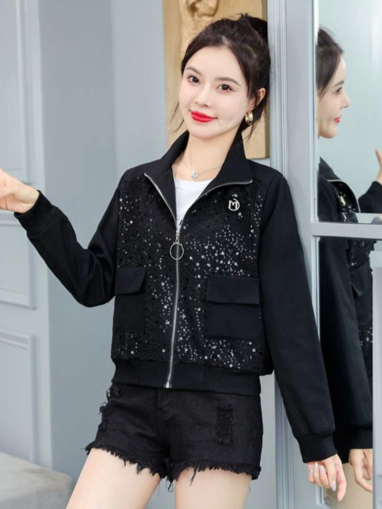 

Sparkling Sequin Mini Jacket for Women Lightweight Spring Autumn Jacket Trendy Baseball Style Blazer for Short Height Ladies​